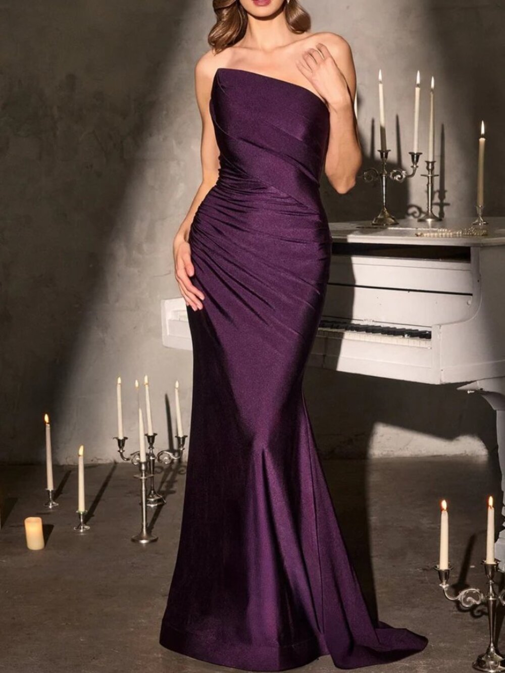 Lady Black Tie Marci Gown Stretch Satin-Eggplant